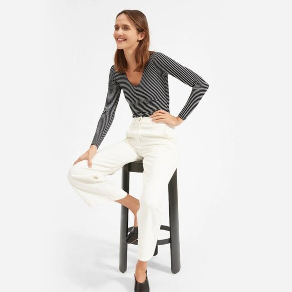 Everlane The Long Sleeve V-Neck Bodysuit in Black/White Stripe - sz XXS